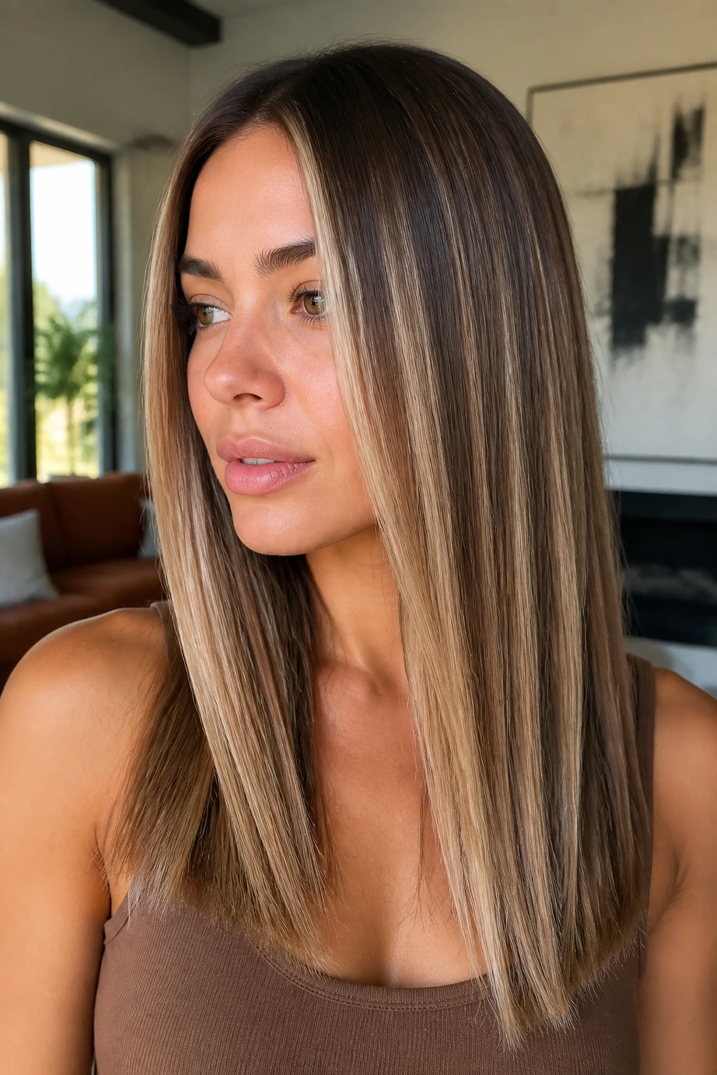 Portrait of a real person with mocha-and-milk chunky veils in straight hair