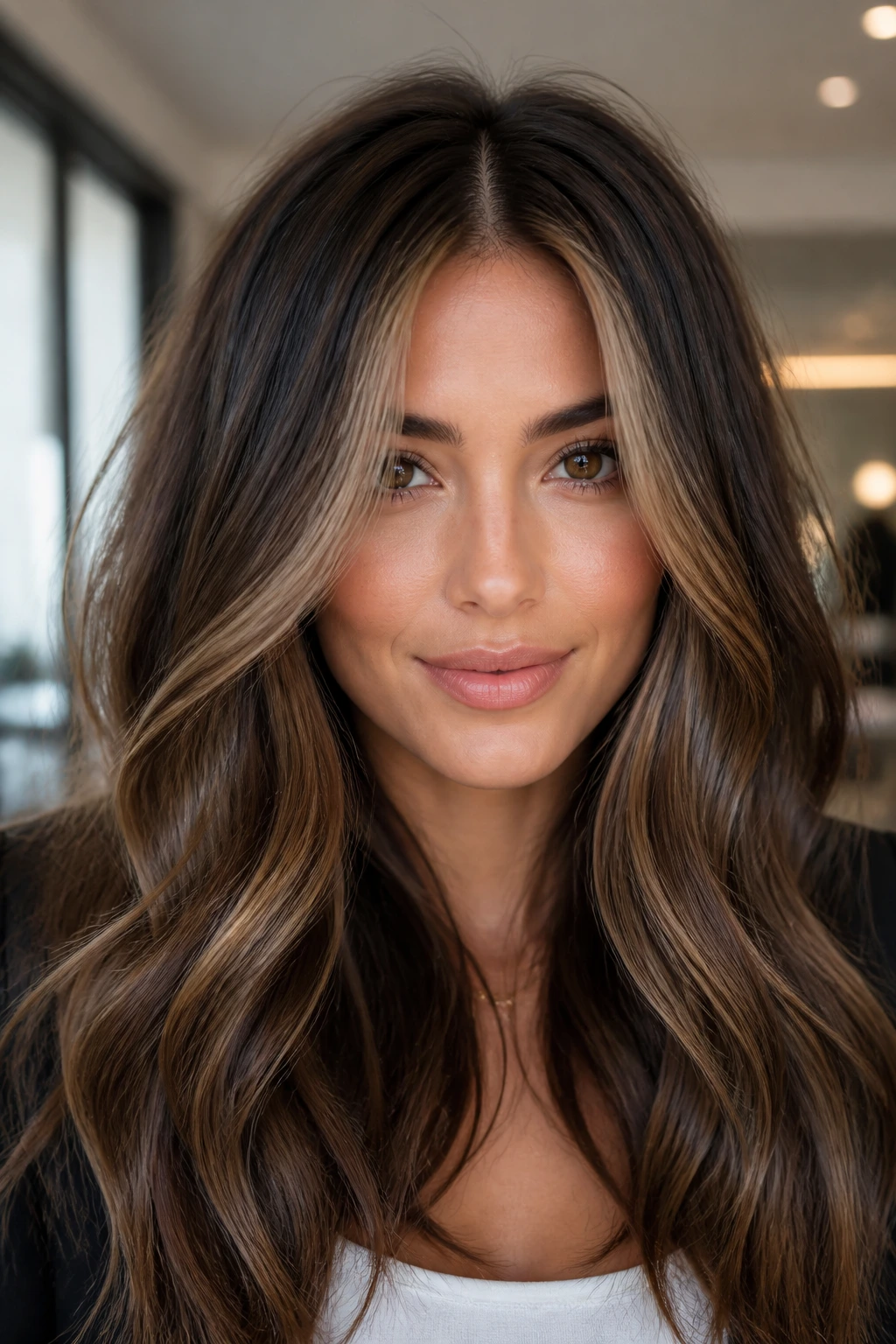 Close-up of a real woman with mocha base hair and lighter money pieces framing the face