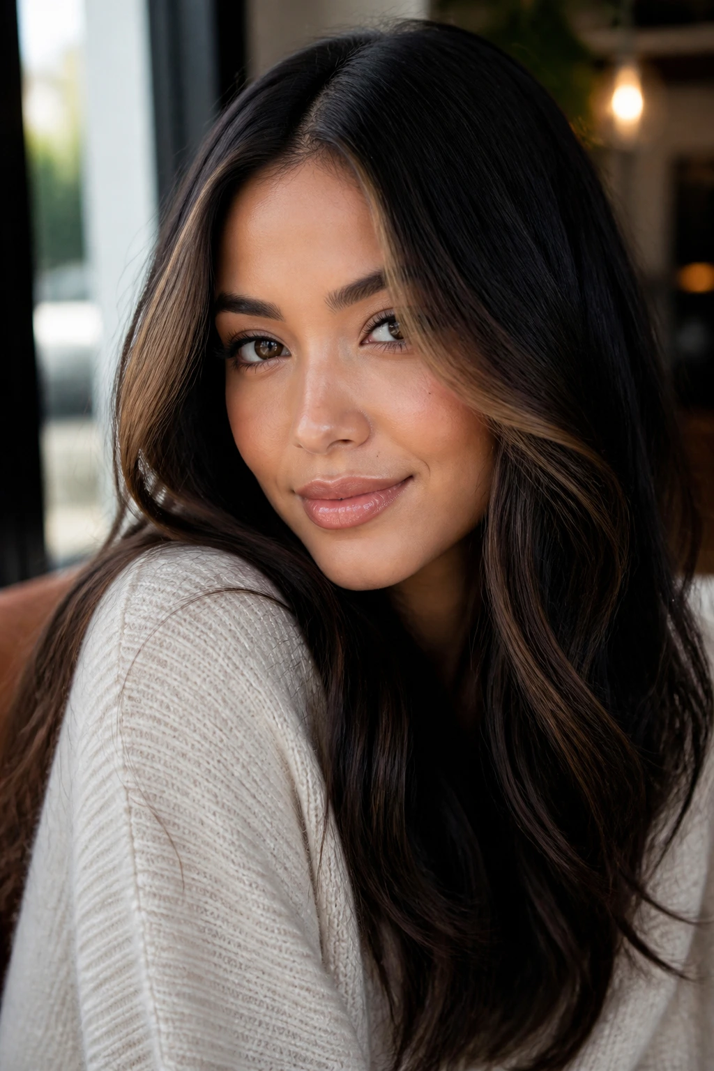 Portrait showing a soft mocha money piece framing the face on dark hair