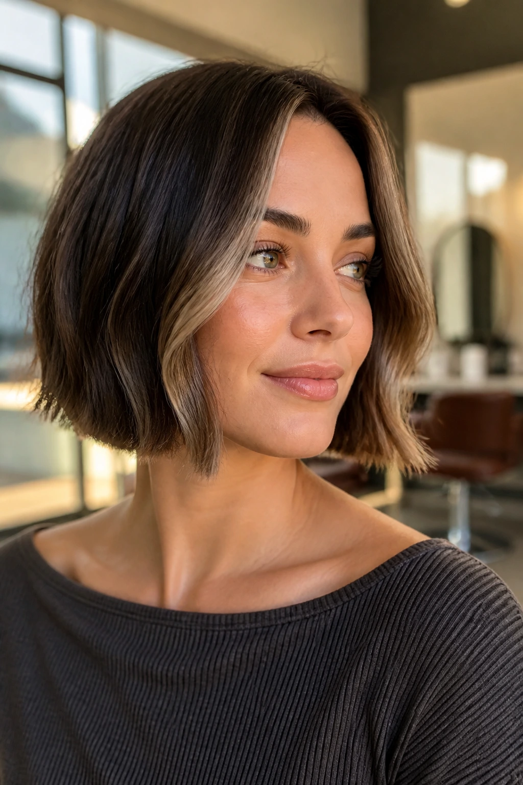 Close-up of a real woman with chin-length bob featuring mocha money-piece balayage framing the face.