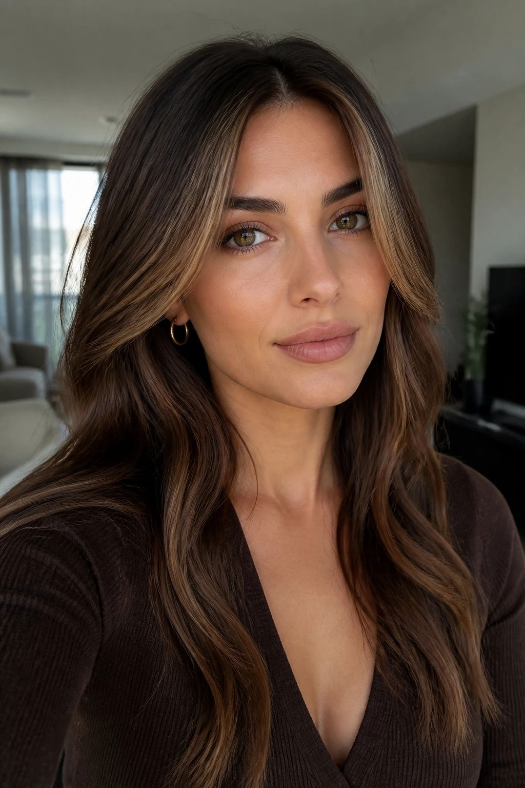 Close-up portrait of a real woman with mocha money piece front highlights on brunette hair