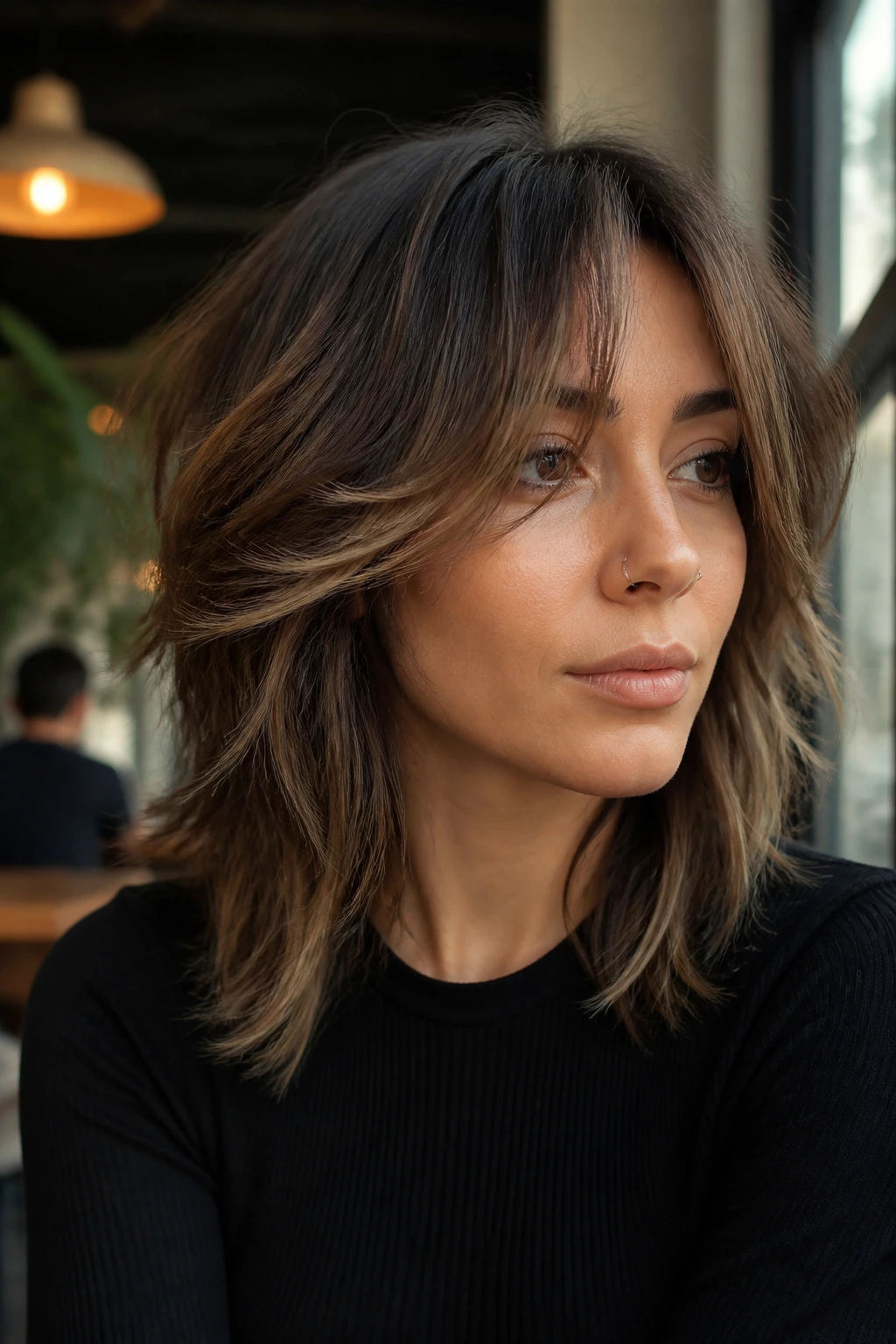 Woman with layered shag and mocha money piece framing the face