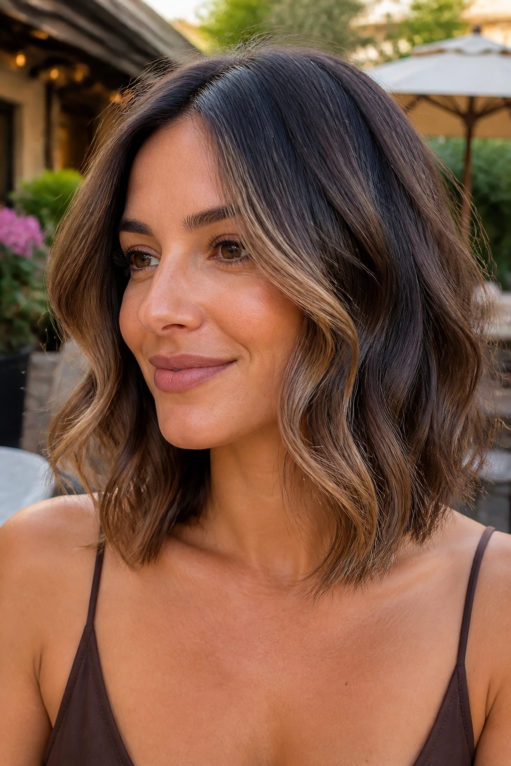 Close-up of a real woman with dimensional mocha money piece on a wavy lob in an outdoor setting.