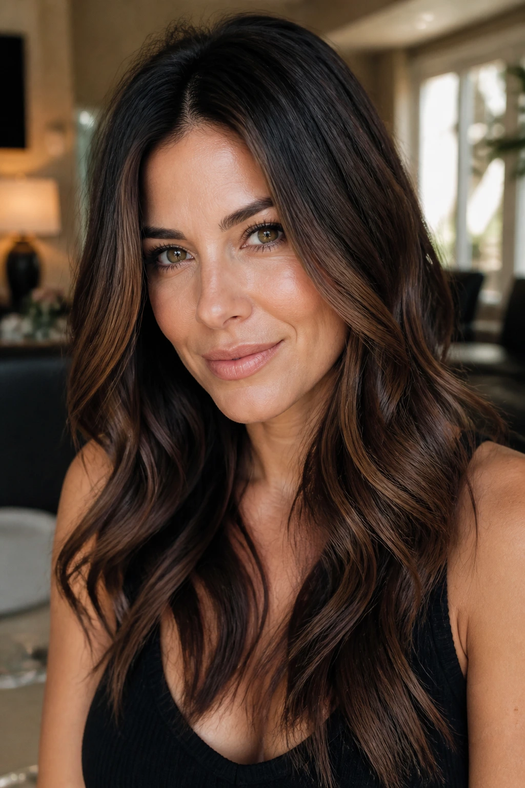 Close-up of real woman with mocha hair color exhibiting dark roots and dimensional highlights