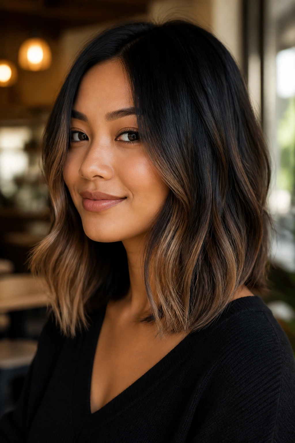 Close-up of a real woman with shoulder-length hair showing mocha ombré fade