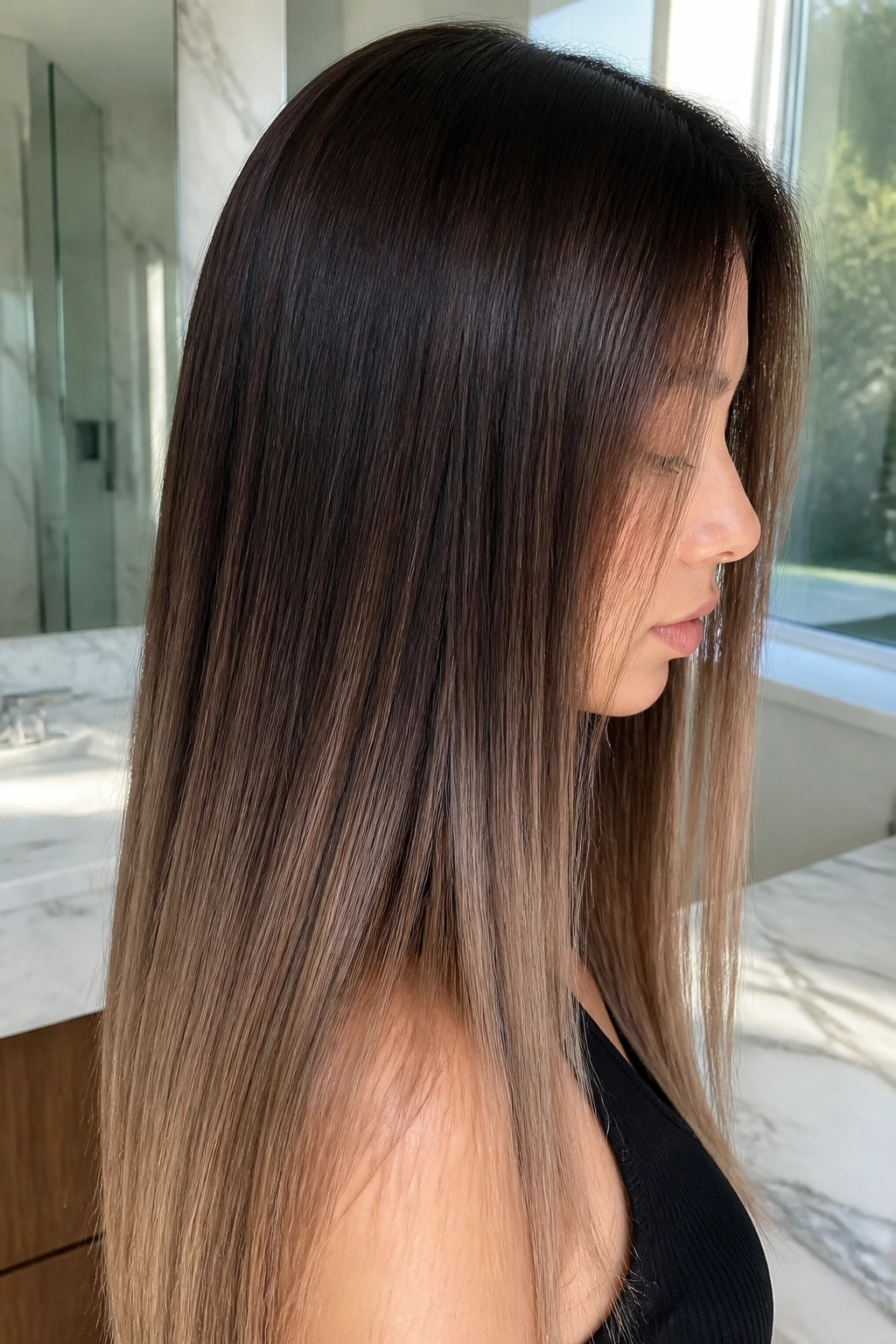 Profile shot of a real person with mocha ombré on straight hair