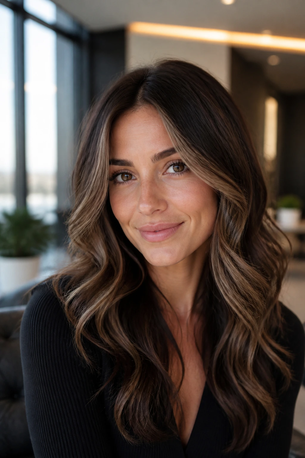 Real woman with mocha ribbon lights around the face in subtle, dimensional waves