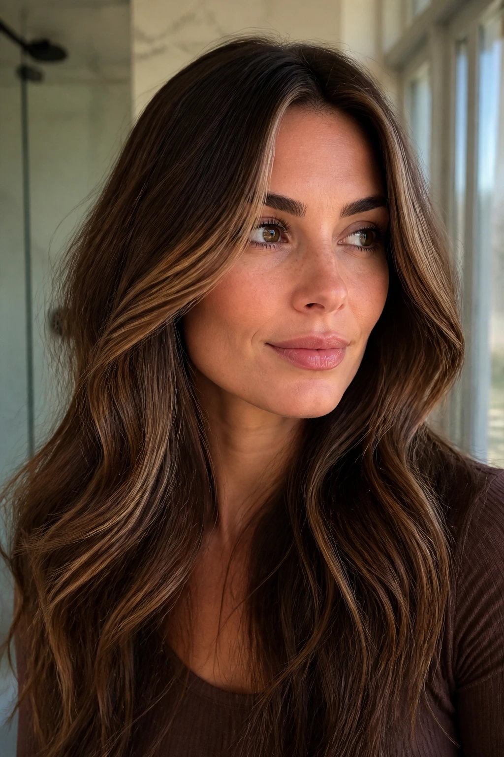 Close-up of real woman's hair showing subtle mocha ribbons around the crown