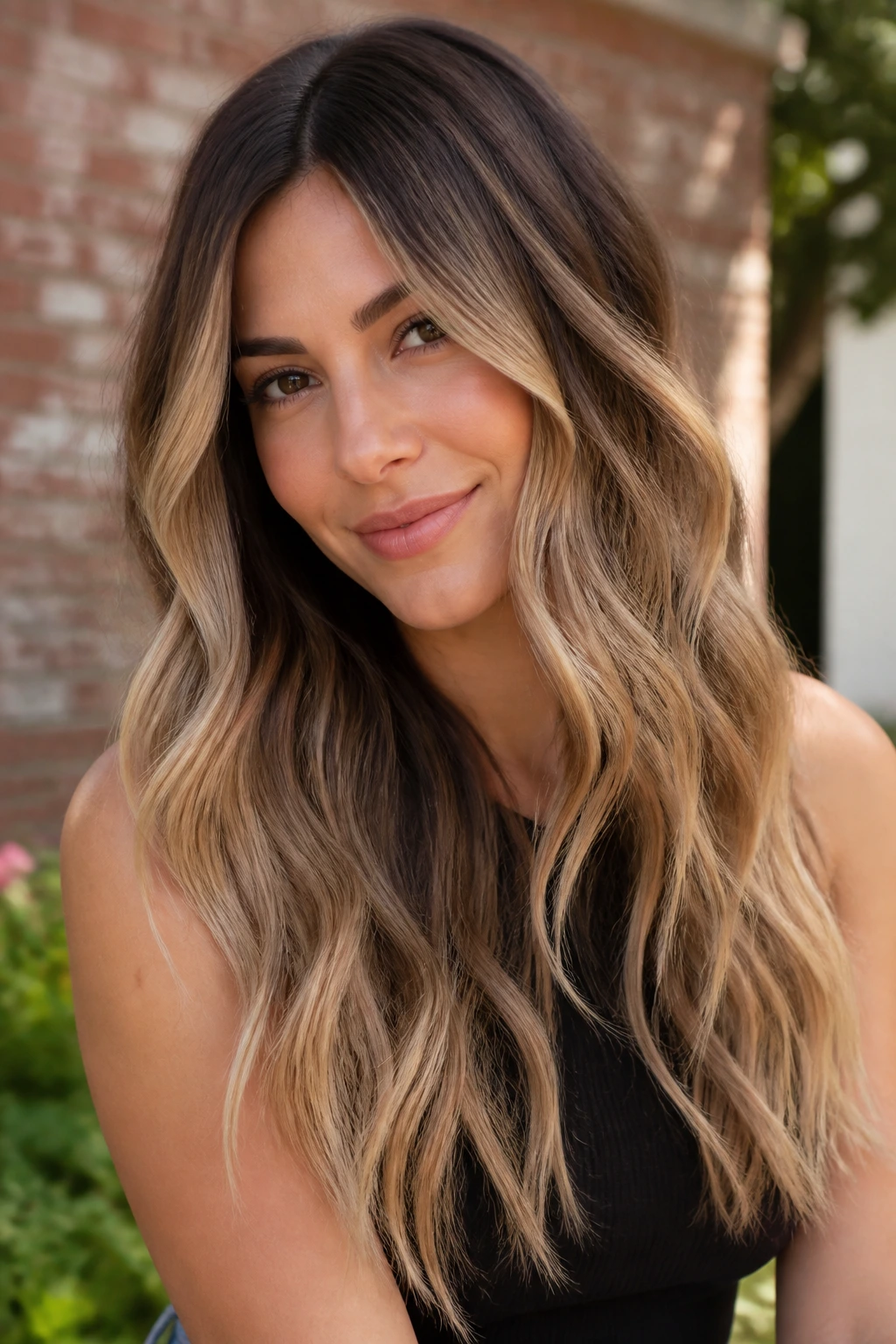Medium close-up of a real woman with mocha to blonde gradient on long waves