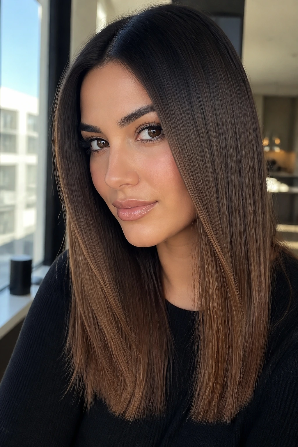 Close-up of a real woman with mocha root melt gradient in straight hair