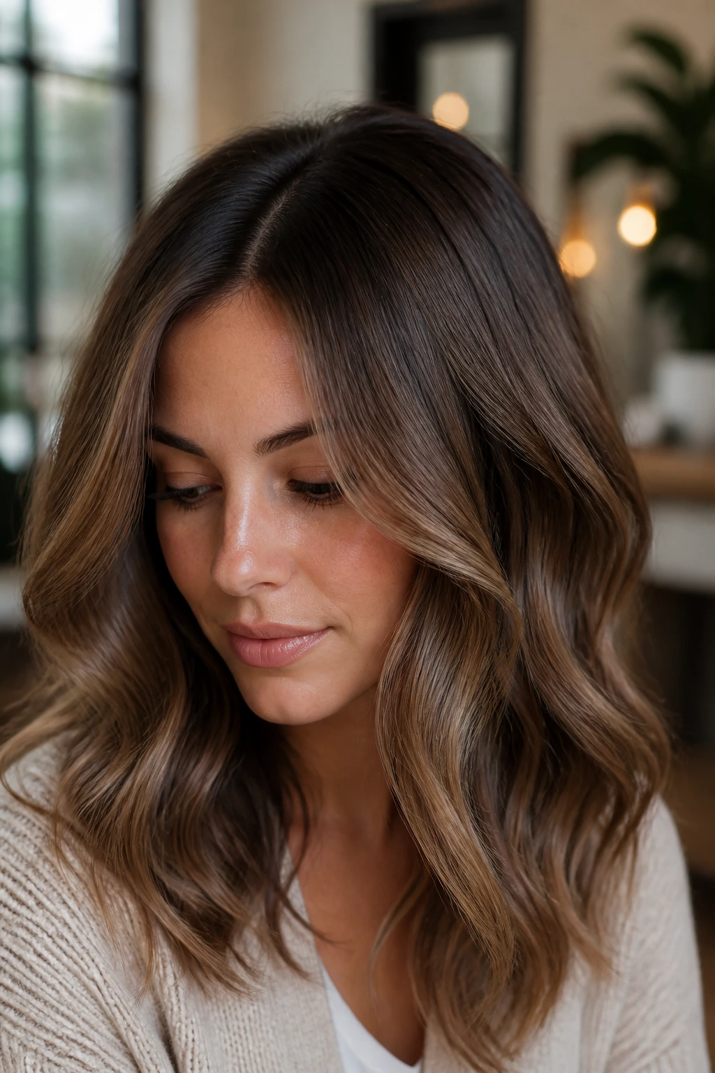 Portrait of a real person showing mocha root shadow with deeper roots and blended transition