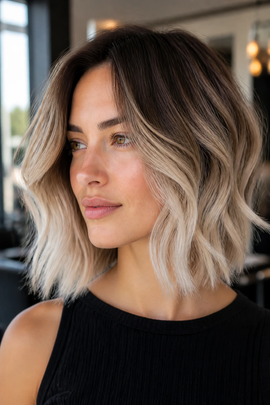 Close-up of a real woman's jaw-length bob with mocha roots fading into platinum tips