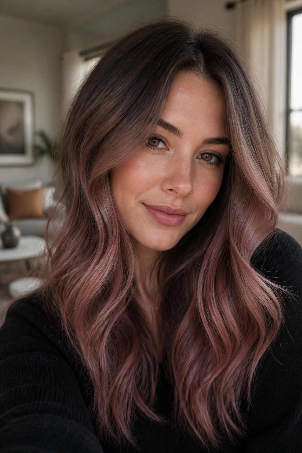 Close-up of a real woman with mocha rose ombre hair