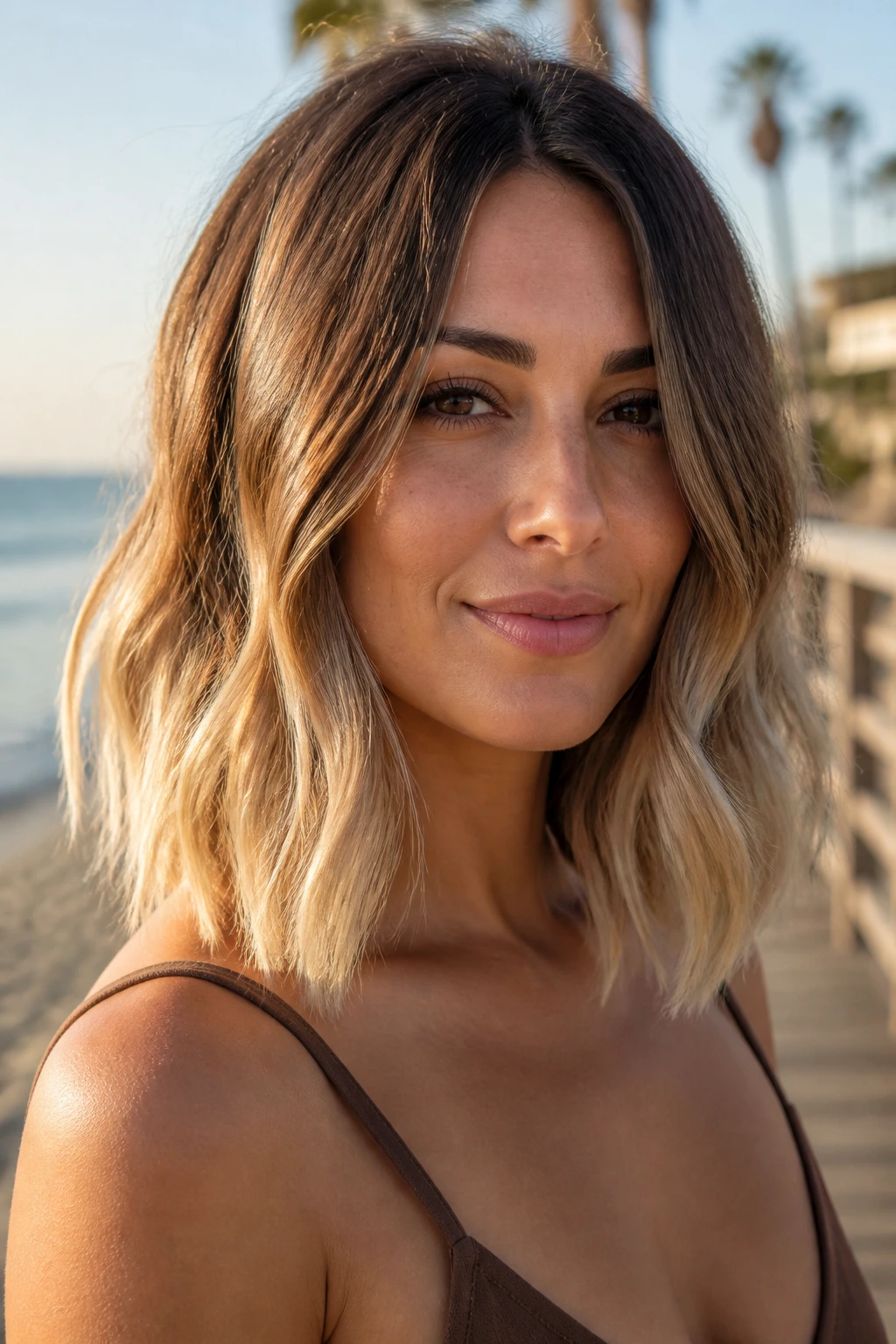Close-up of a real woman with mocha to sandy blonde ombre on collarbone-length hair