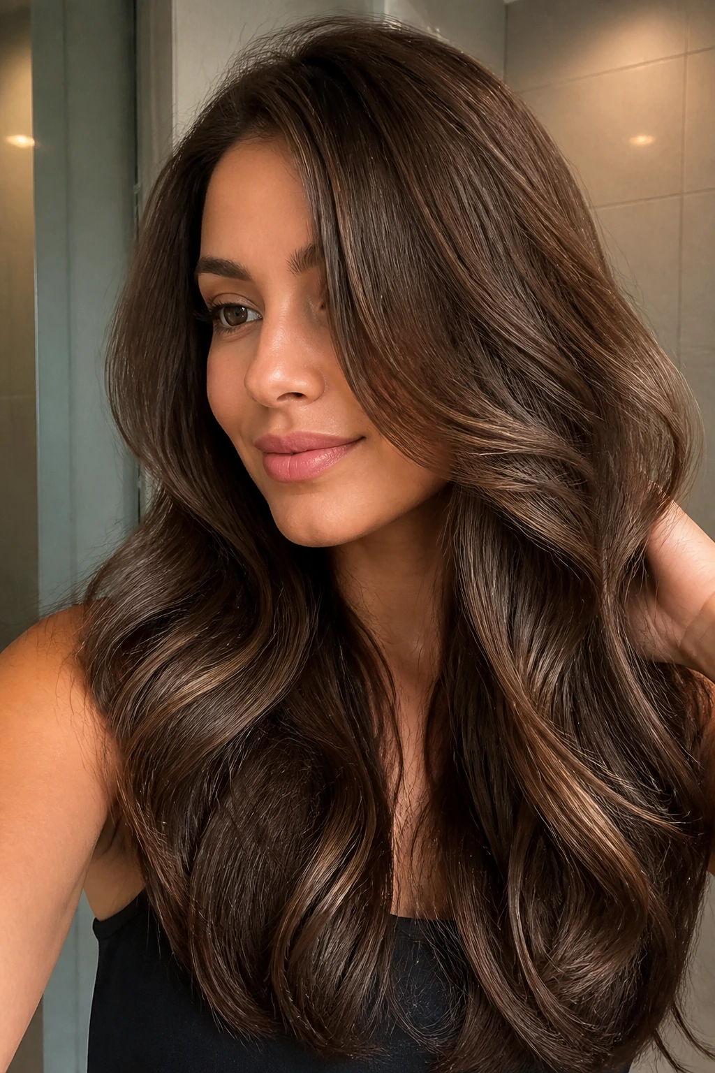 Real person with glossy mocha hair in a well-lit bathroom setting