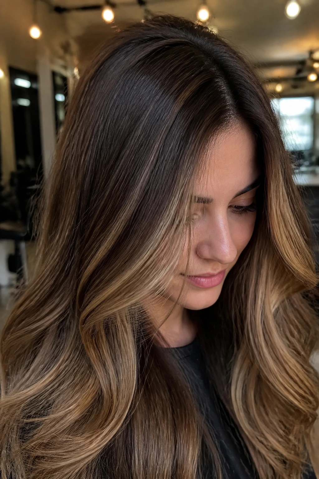Mocha shadow root on thick hair with darker roots blending into lighter highlights