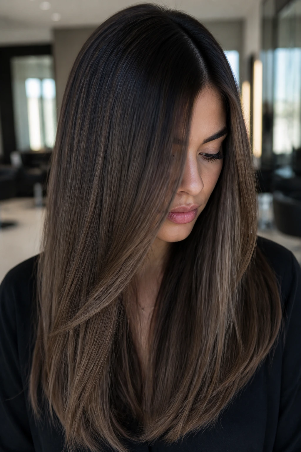 Brunette with mocha smoke shadow balayage in a close-up portrait.