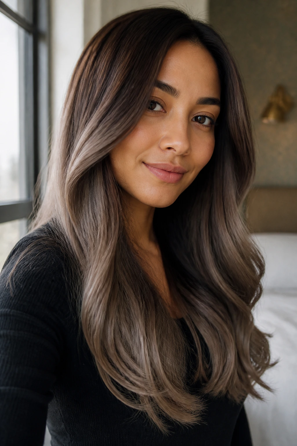 Close-up of a real woman with mocha to cool taupe ombre on long hair
