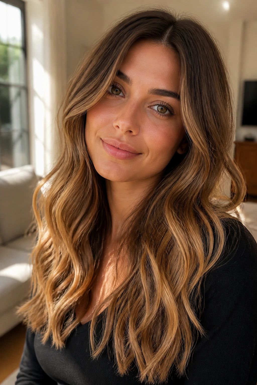 Close-up portrait of hair gradient mocha toffee blonde on a real person