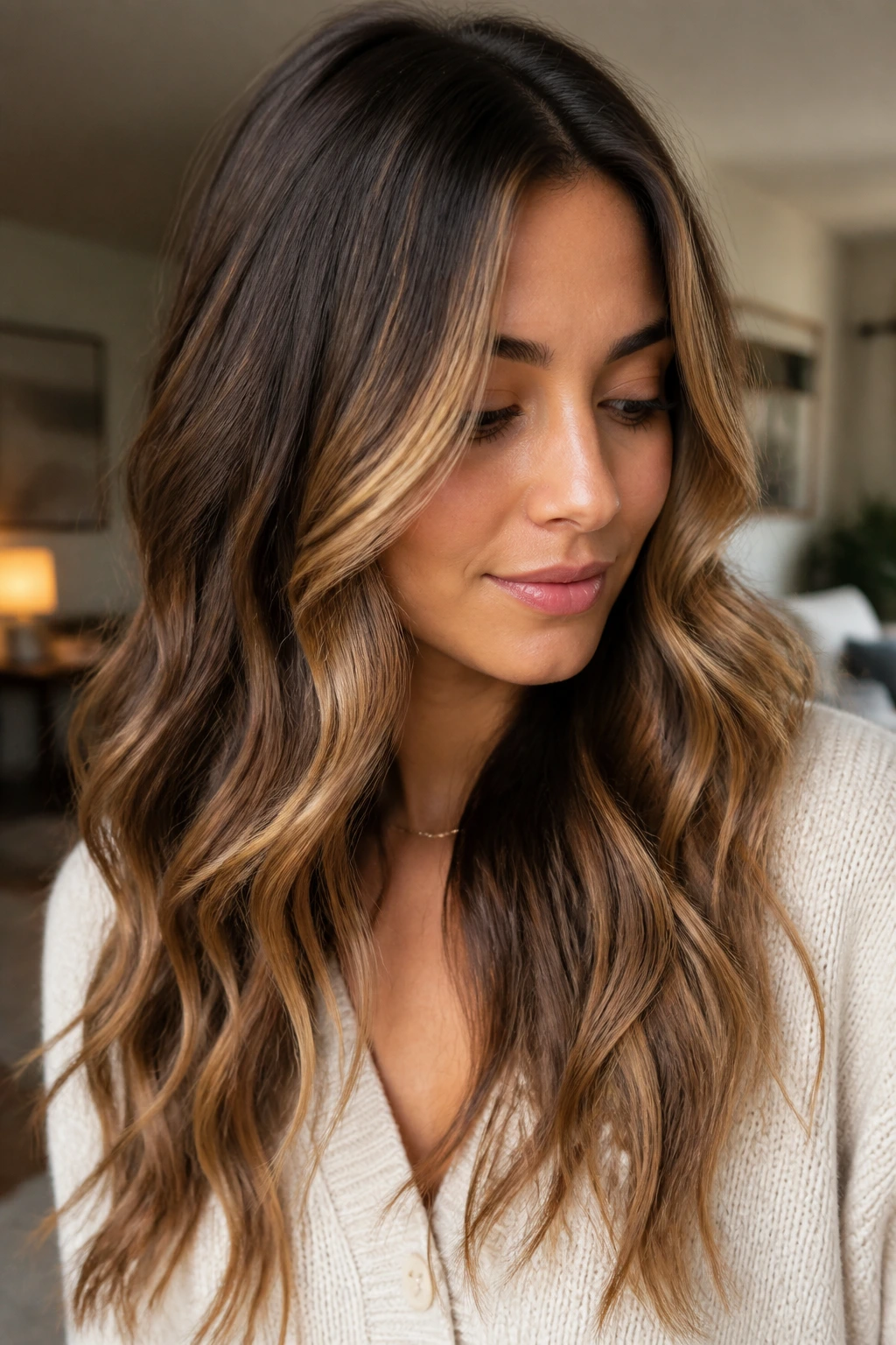 Close-up of a real woman with mocha-to-toffee melt on wavy hair