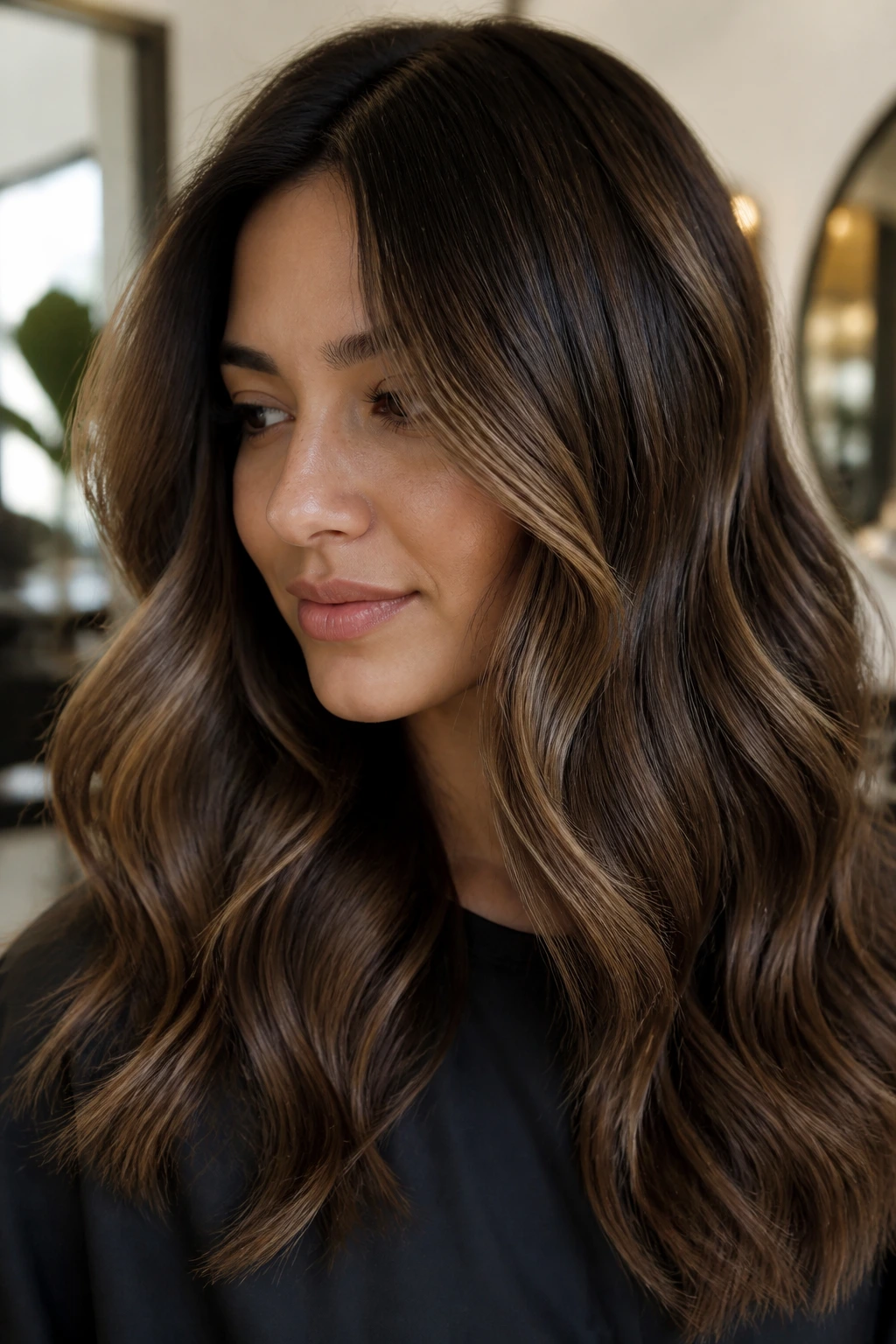 Real person with balanced espresso and walnut mocha tones in hair