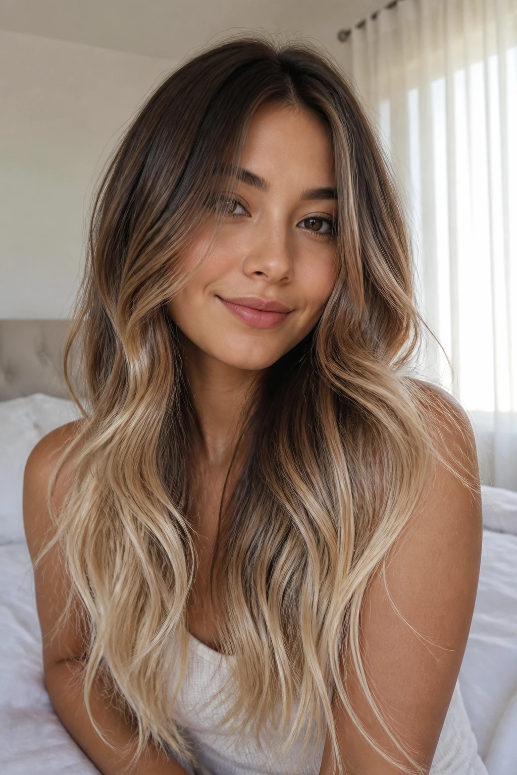 Close-up portrait of a real woman with mocha to vanilla cream ends on long hair