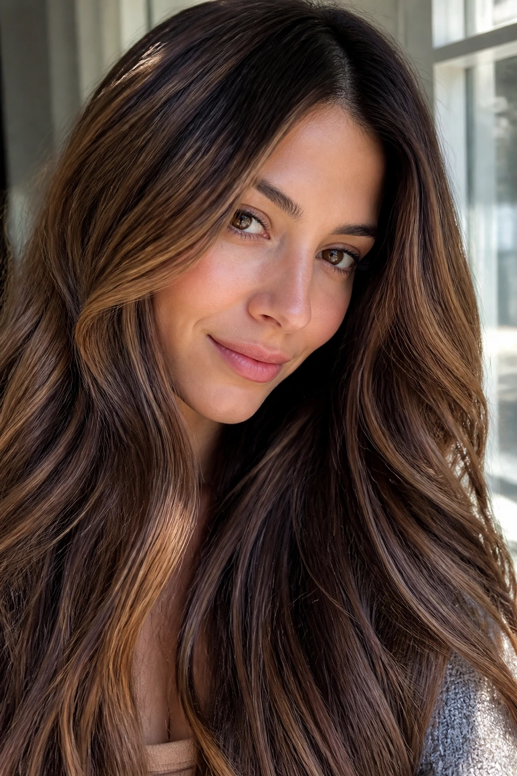 Mocha hair with caramel ribbons and bronze highlights on a real person