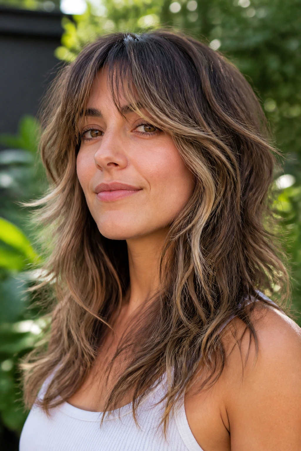 Close-up portrait of a real person with mocha wolf cut and almond highlights outdoors