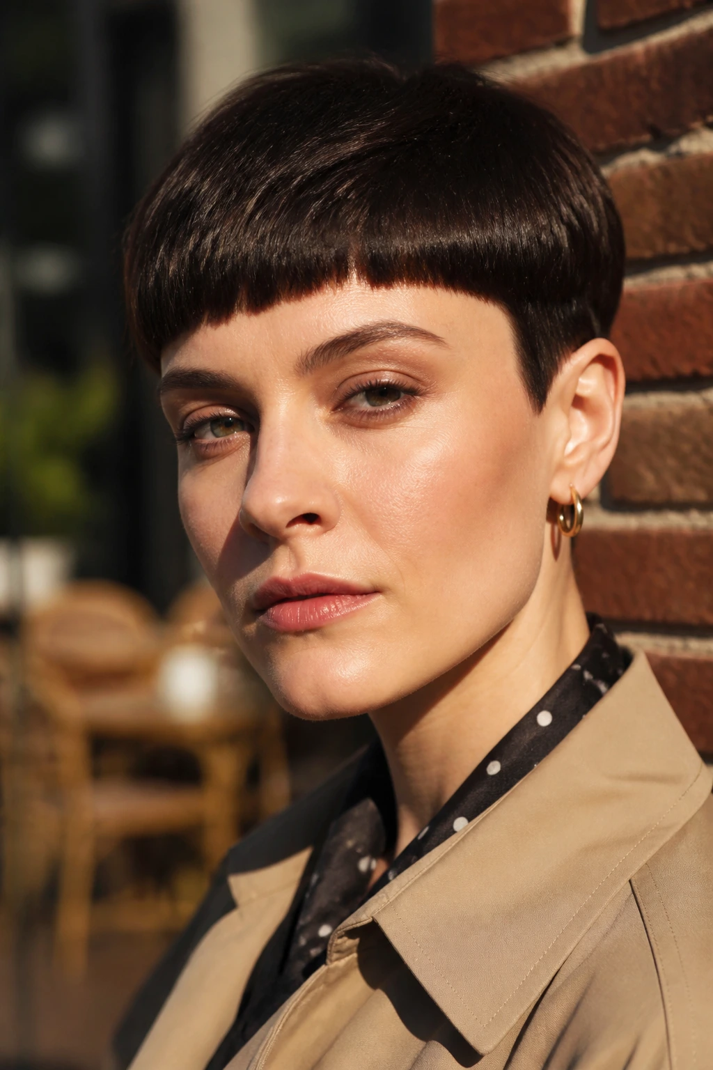 Close-up of a real woman with a bold mod crop and graphic fringe