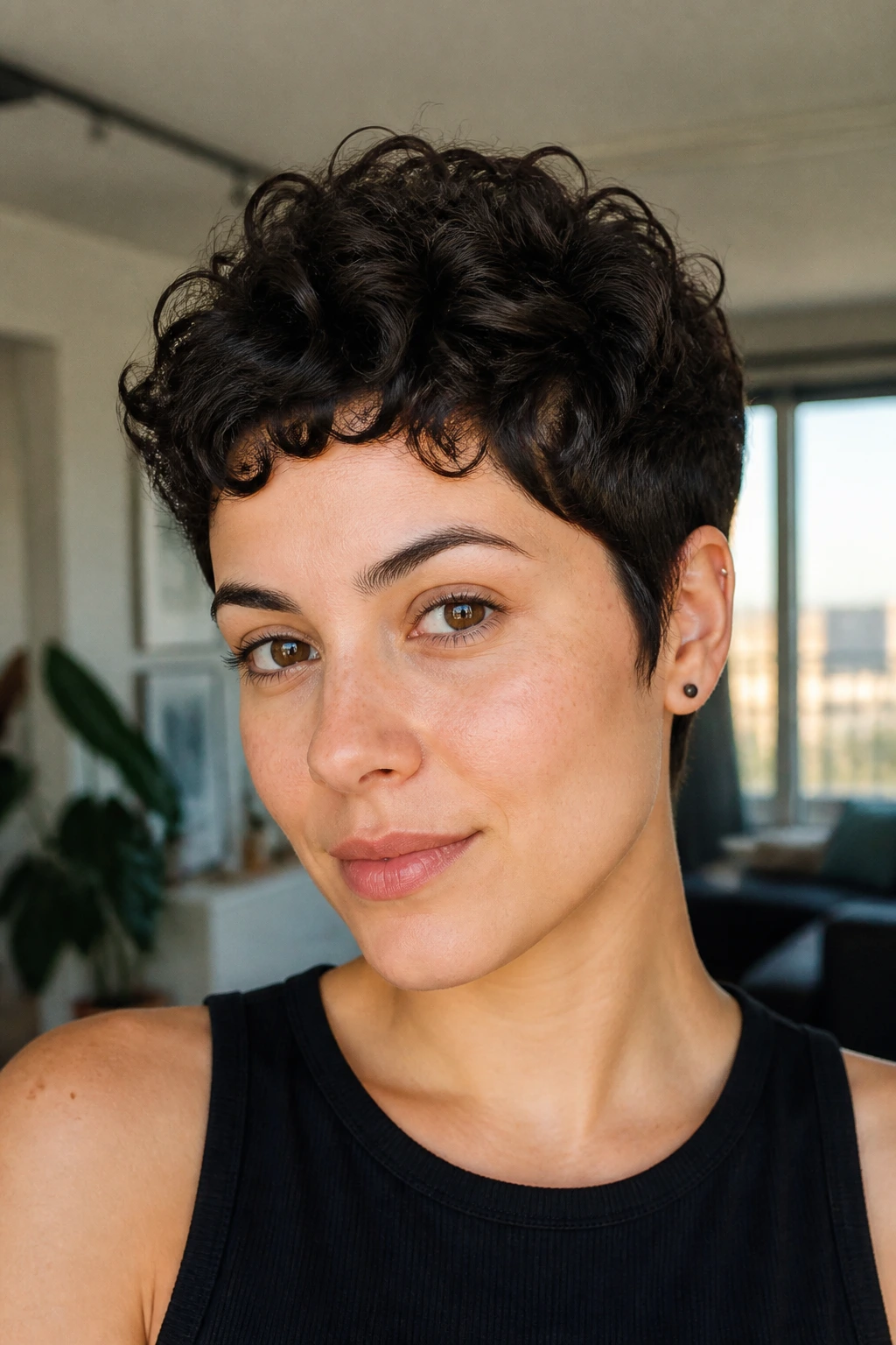 Close-up of a real woman with a sharp-edged Mod Curly Pixie.