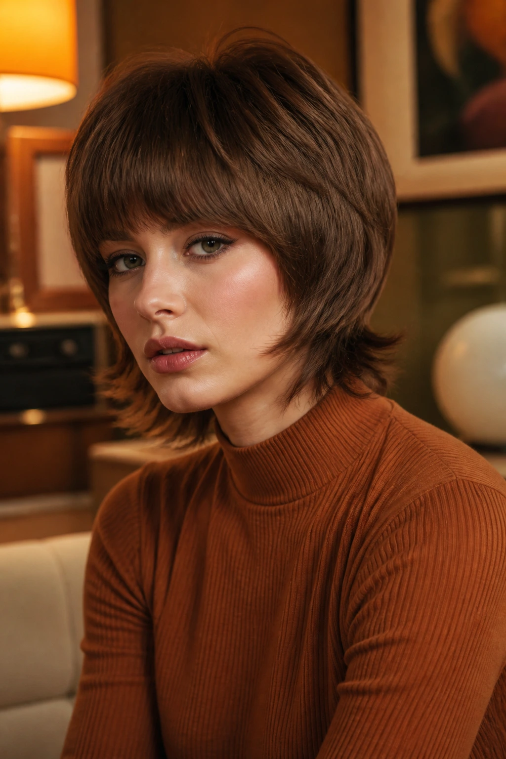 Close-up portrait of a real person with a mod-inspired rounded shag hairstyle