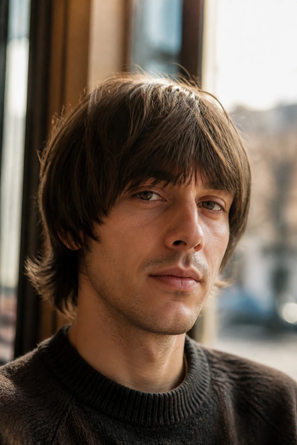 Close-up of real man with Mod Mop Top haircut in warm cafe light