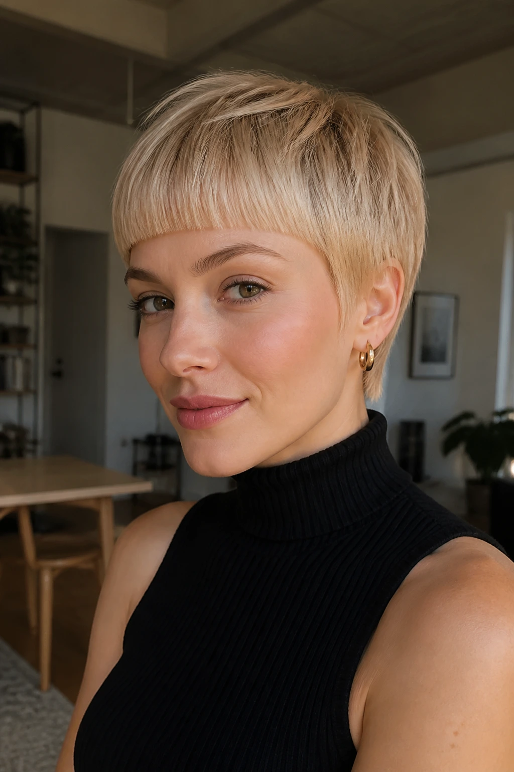 Close-up of real woman with mod pixie and blunt fringe in warm window light