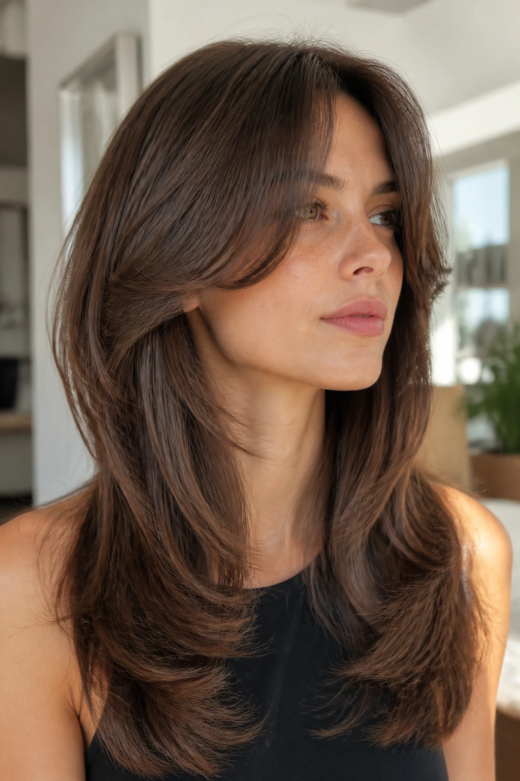 Close-up of a real woman with mod shag featuring sleek movement and face-framing layers.