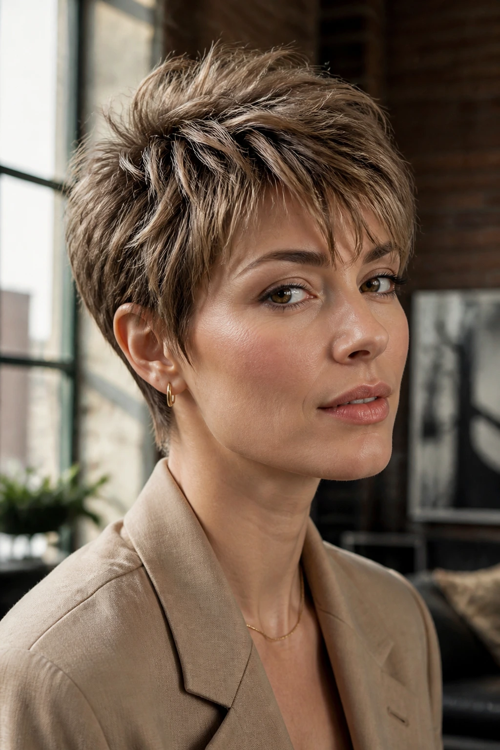 Portrait of a real person with a modernized 80s short cut.