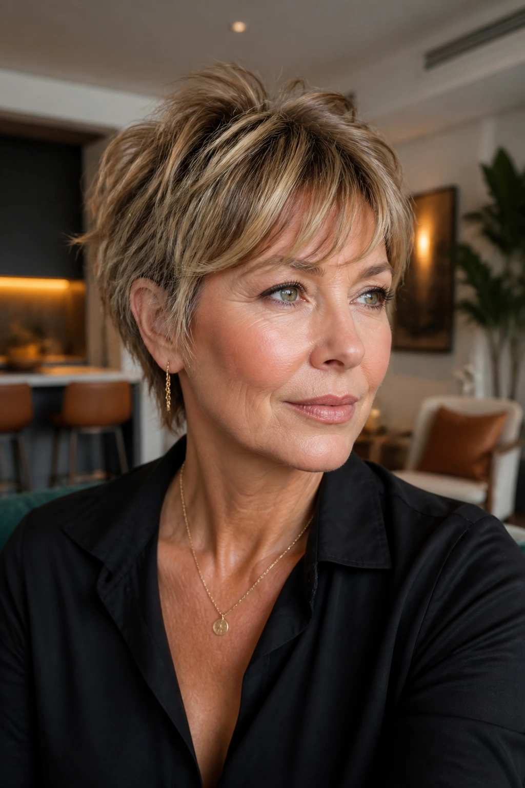 Close-up portrait of a real woman with a modern bixie hairstyle