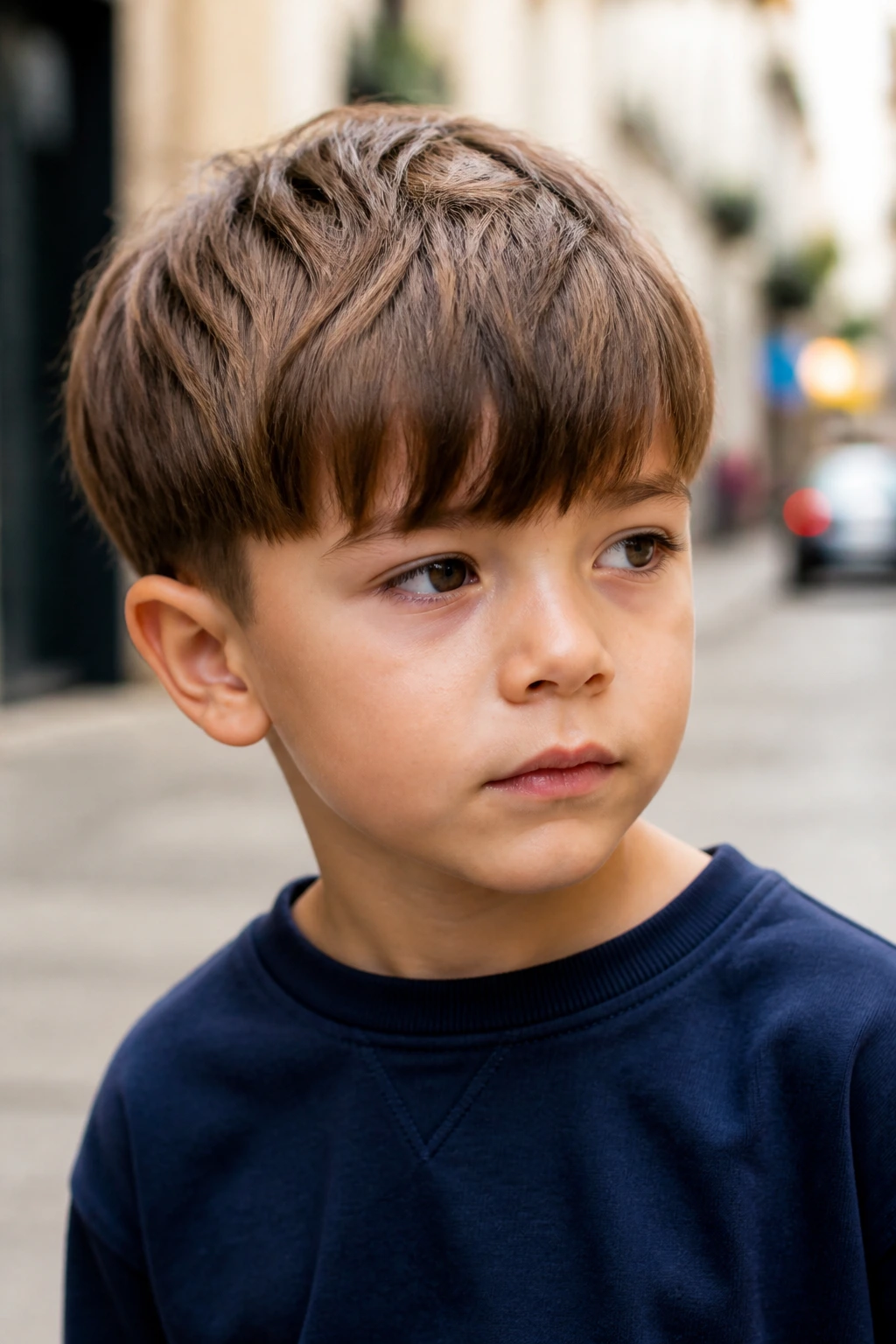 Close-up of a boy with a modern bowl cut hairstyle in natural light