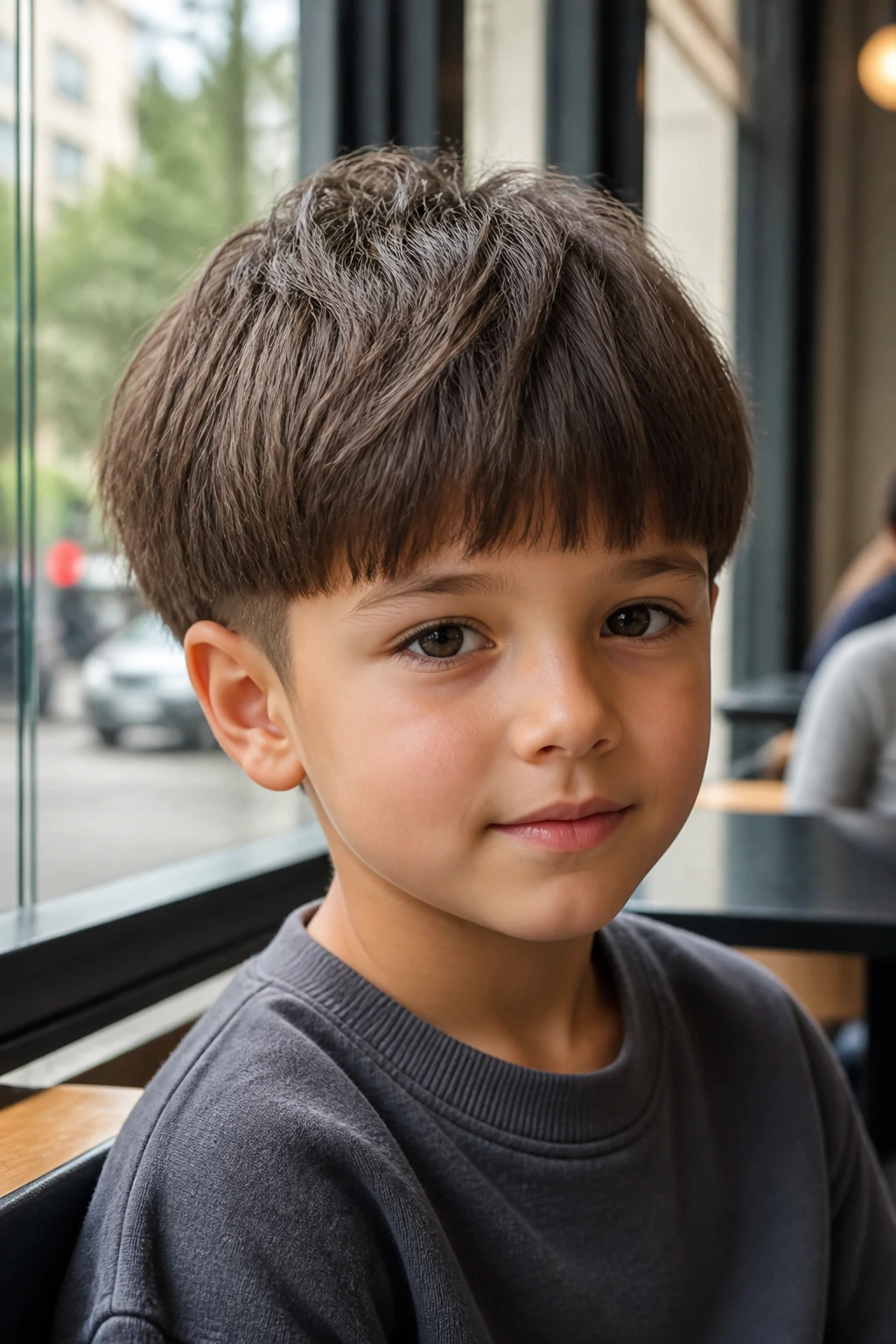 Portrait of real boy with textured modern bowl cut in cafe window light.