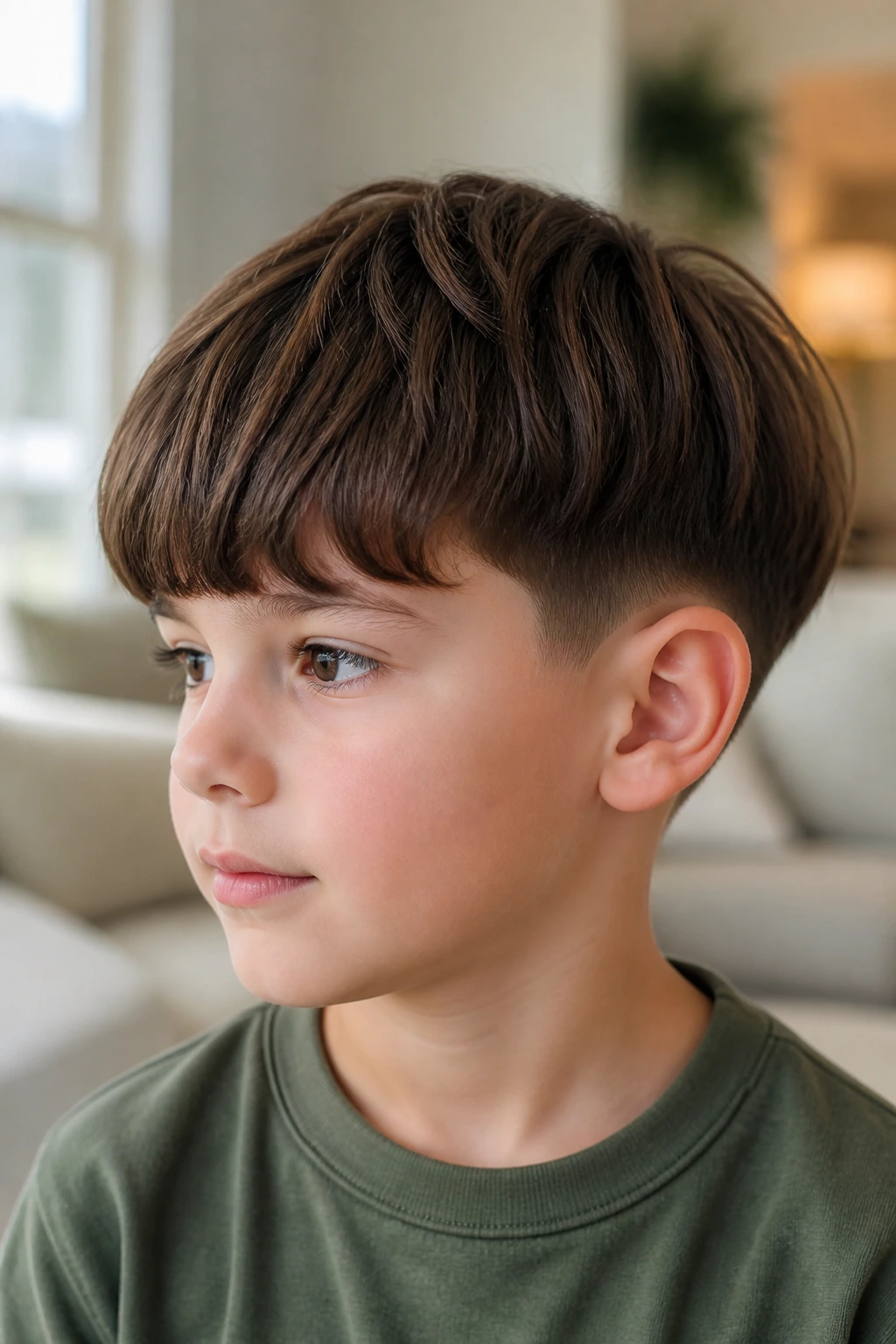Close-up of a real boy with a modern textured bowl cut