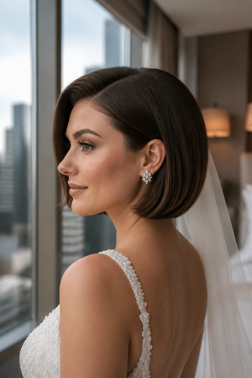 Close-up of a bride's modern bob with hidden fillers