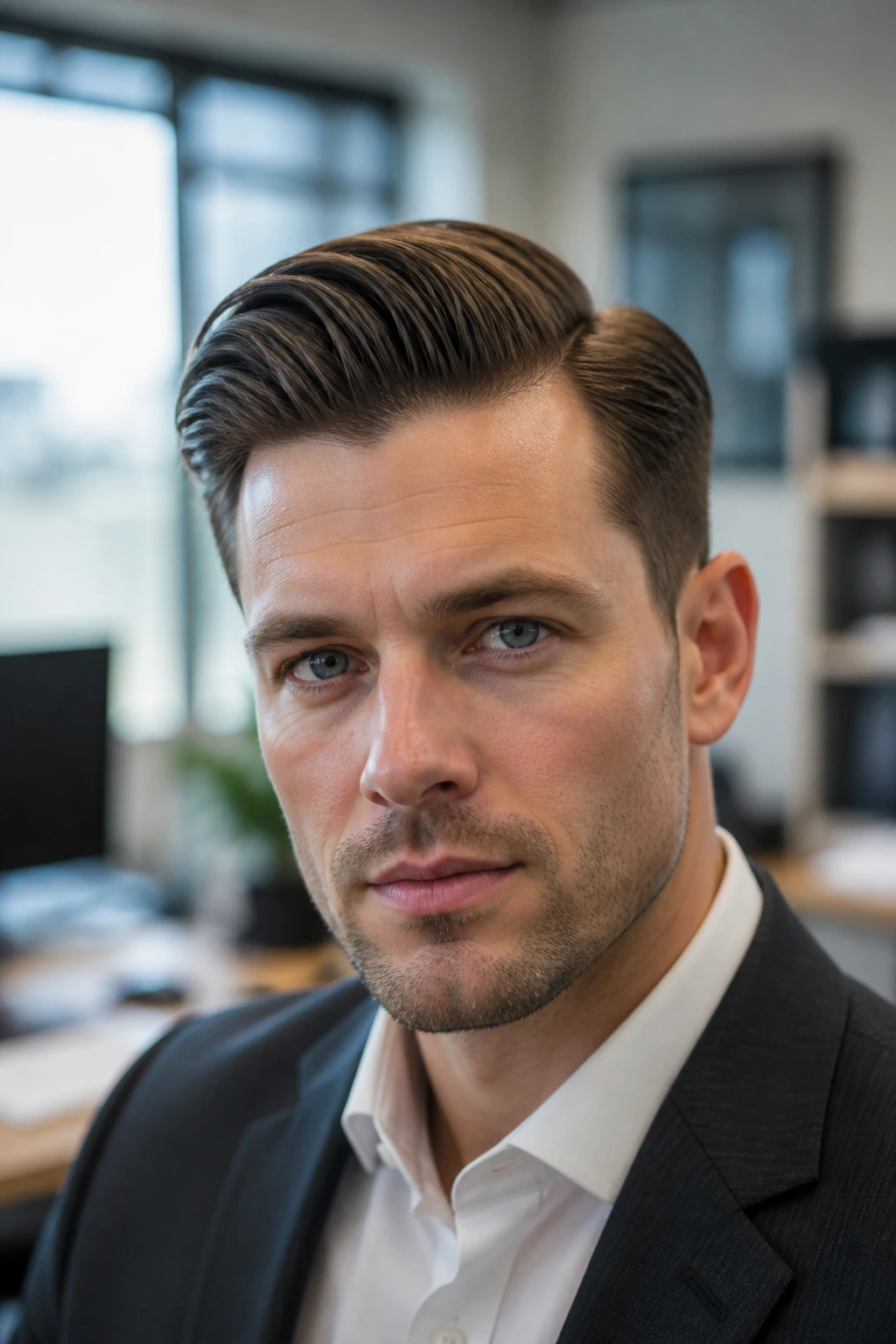 Close-up portrait of a man with a modern comb over in a professional office