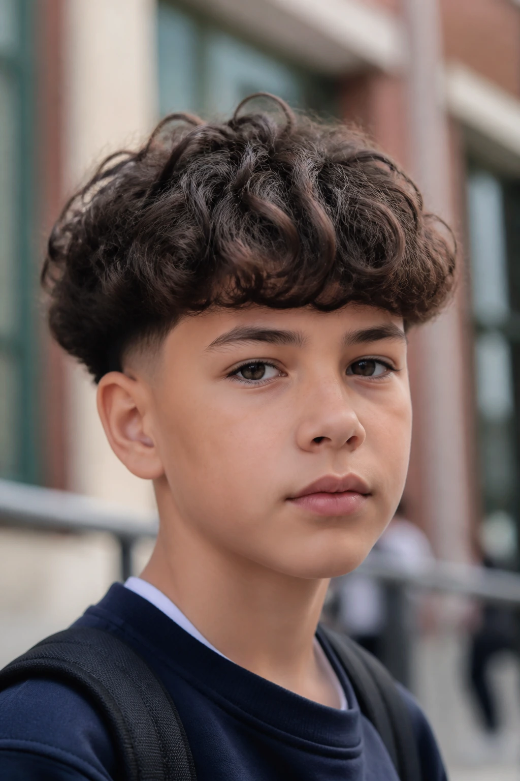 Close-up of a real boy with modern curly bowl cut