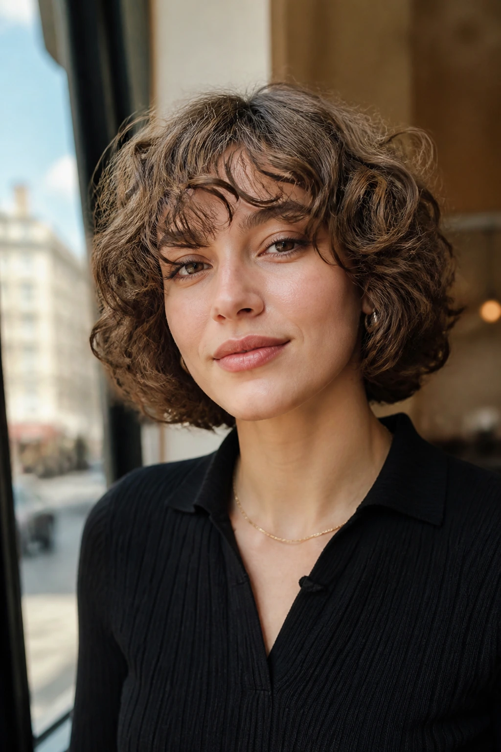 Close-up of a person with a modern curly pageboy hairstyle in a sunlit cafe