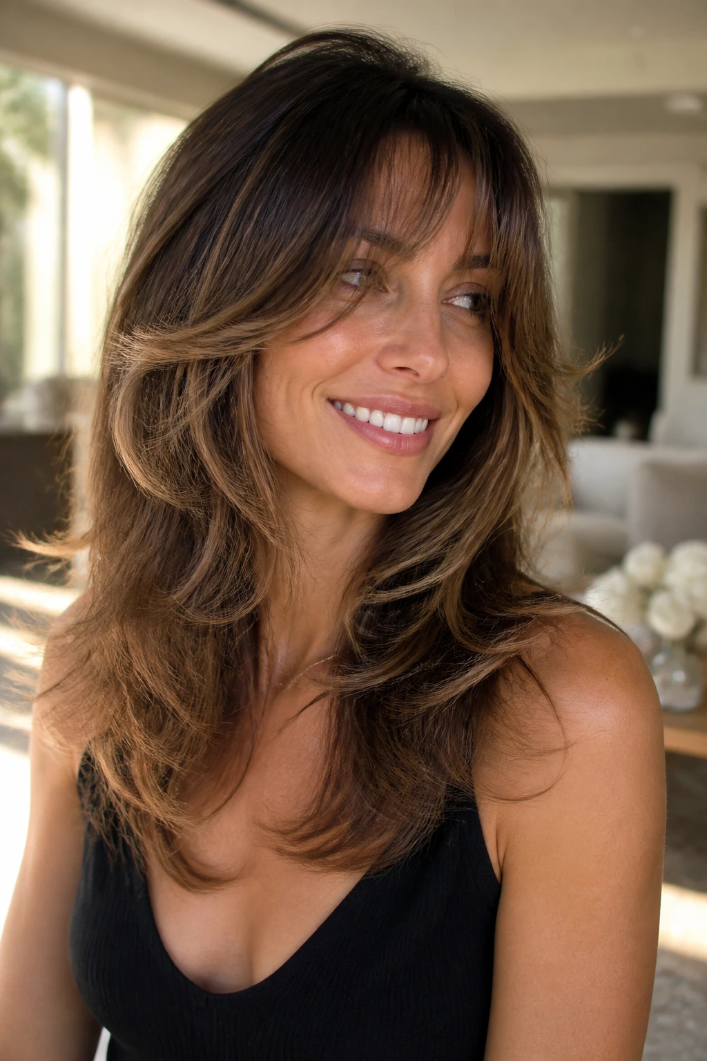 Real woman with Modern Farrah shag and hazelnut highlights.