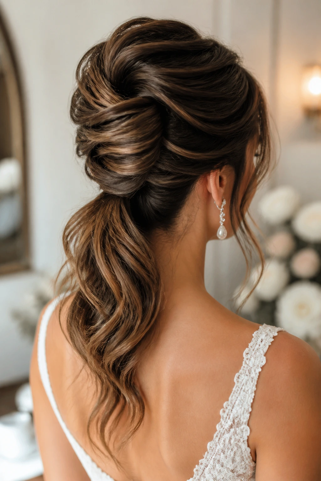Bride wearing a modern French twist with a wavy tail, back view
