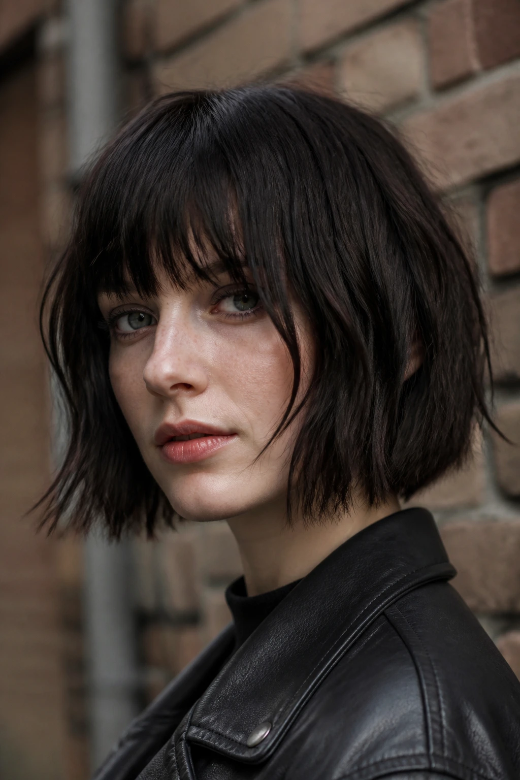 Portrait of a person with modern grunge bob and broken-up fringe in daylight