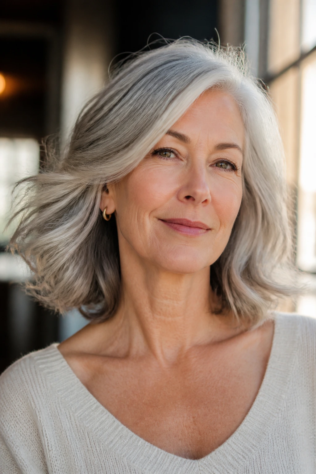 Close-up portrait of a mature woman with modern, movement-friendly hair showing soft edges and gray highlights