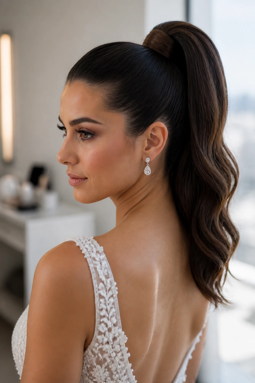 Close-up of modern high ponytail on real bride in bright bridal suite