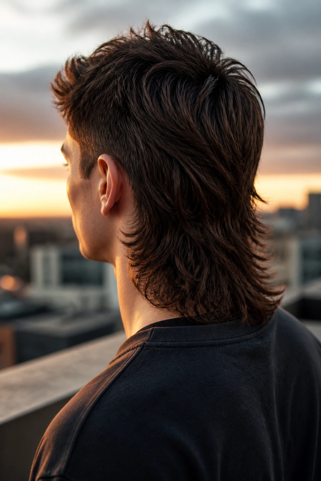 Back-of-head portrait of modern mullet with long back hair