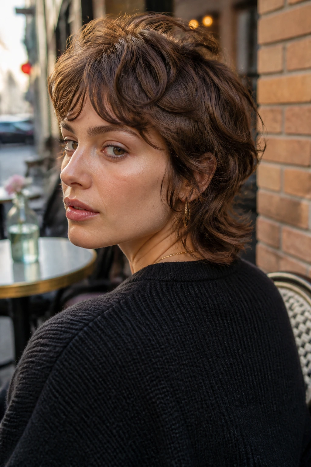 Close-up portrait of a real person with a modern mullet bob hairstyle